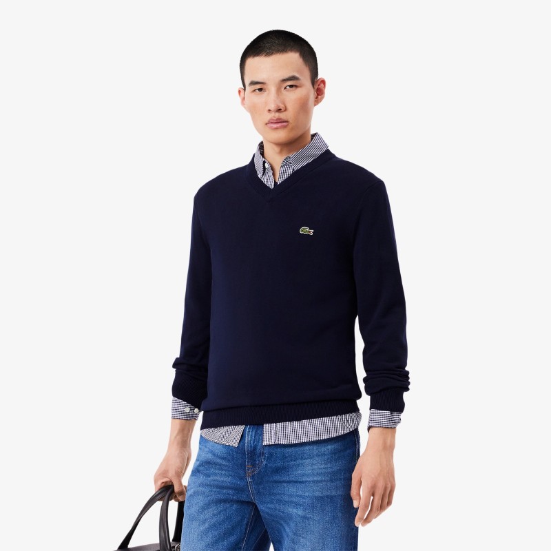 Pull coton uni col V LACOSTE