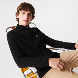 Cardigan zippé à col montant en laine unie LACOSTE