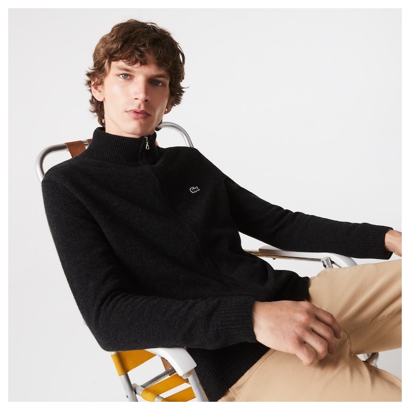 Cardigan zippé à col montant en laine unie LACOSTE
