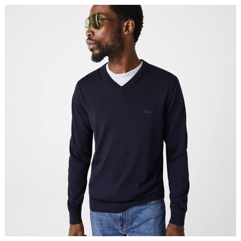Pull à col V en laine mérinos unie LACOSTE